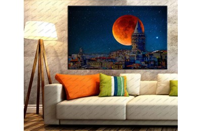 İstanbul Galata Kulesi Gece ve Dolunay Kanvas Tablo dkm131