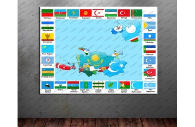 Türk Devletleri Bayrakları ve Dünya Türkleri Turan Haritası dkmr233