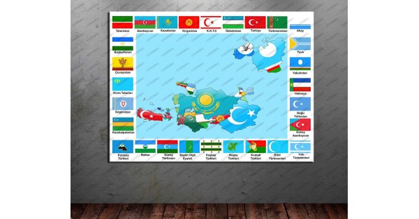 Türk Devletleri Bayrakları ve Dünya Türkleri Turan Haritası dkmr233
