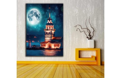 Kız Kulesi Kulesi ve Dolunay'da İstanbul Fantastik Masalsı Gece Kanvas Tablo dkmr289