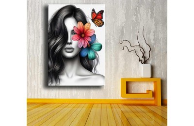 Çiçek Başlı Kız Dekoratif Kanvas Tablo dkmr300