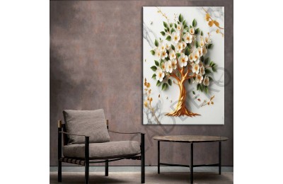 Beyaz Yeşil Uzakdoğu Çiçekleri 2 Gold Dekoratif Kanvas Tablo dkmr441
