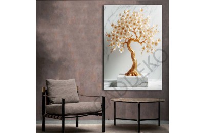 Beyaz Uzakdoğu Çiçekleri Gold 4 Dekoratif Kanvas Tablo dkmr444