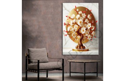 Beyaz Kırmızı Uzakdoğu Çiçekleri Gold Dekoratif Kanvas Tablo dkmr449