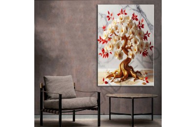Beyaz Kırmızı Uzakdoğu Çiçekleri Gold 3 Dekoratif Kanvas Tablo dkmr451