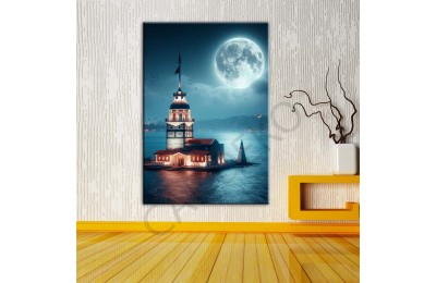 İstabul Kızkulesi Dolunay Fantastik Gece Dekoratif Kanvas Tablo dkmr470