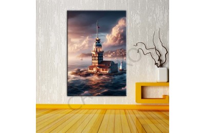 İstabul Kızkulesi Dolunay Fantastik Gece 4 Dekoratif Kanvas Tablo dkmr479